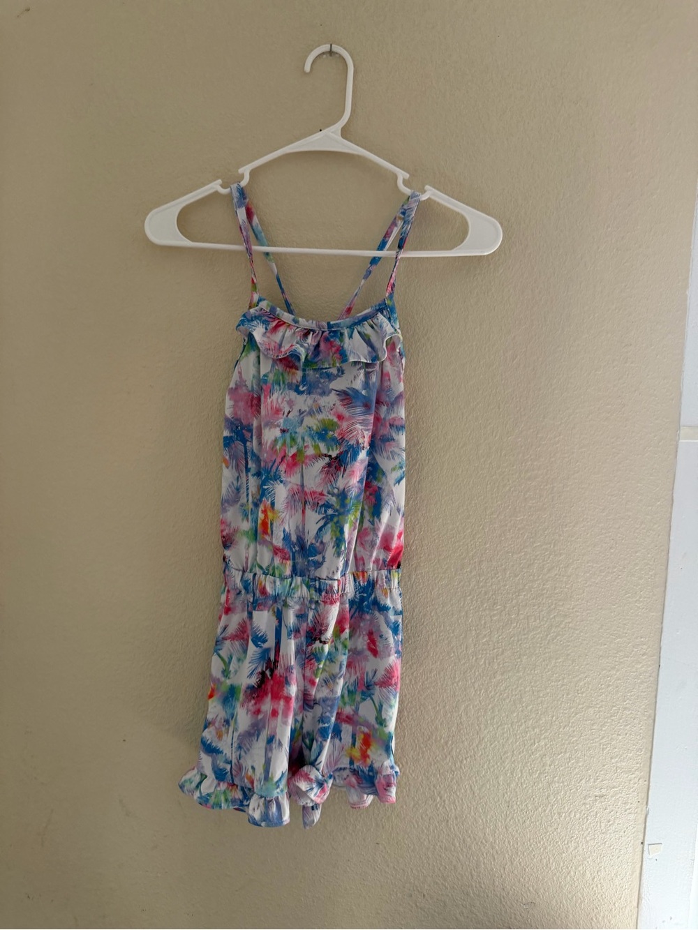 Hurley Girls' Multicolor Tropical Print Romper with Ruffle Trim
